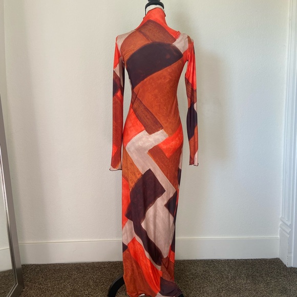 NWT Zara Orange and Brown Geometric Long Sleeve Dress XS - Picture 4 of 7